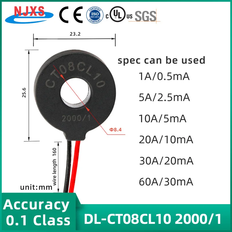 NJXSE DL-CT08CL10 2000/1 Mini Precision Current Transformer Small Toroidal Coil AC CT 5A 10A 20A 30A 50A 60A Current Transformer