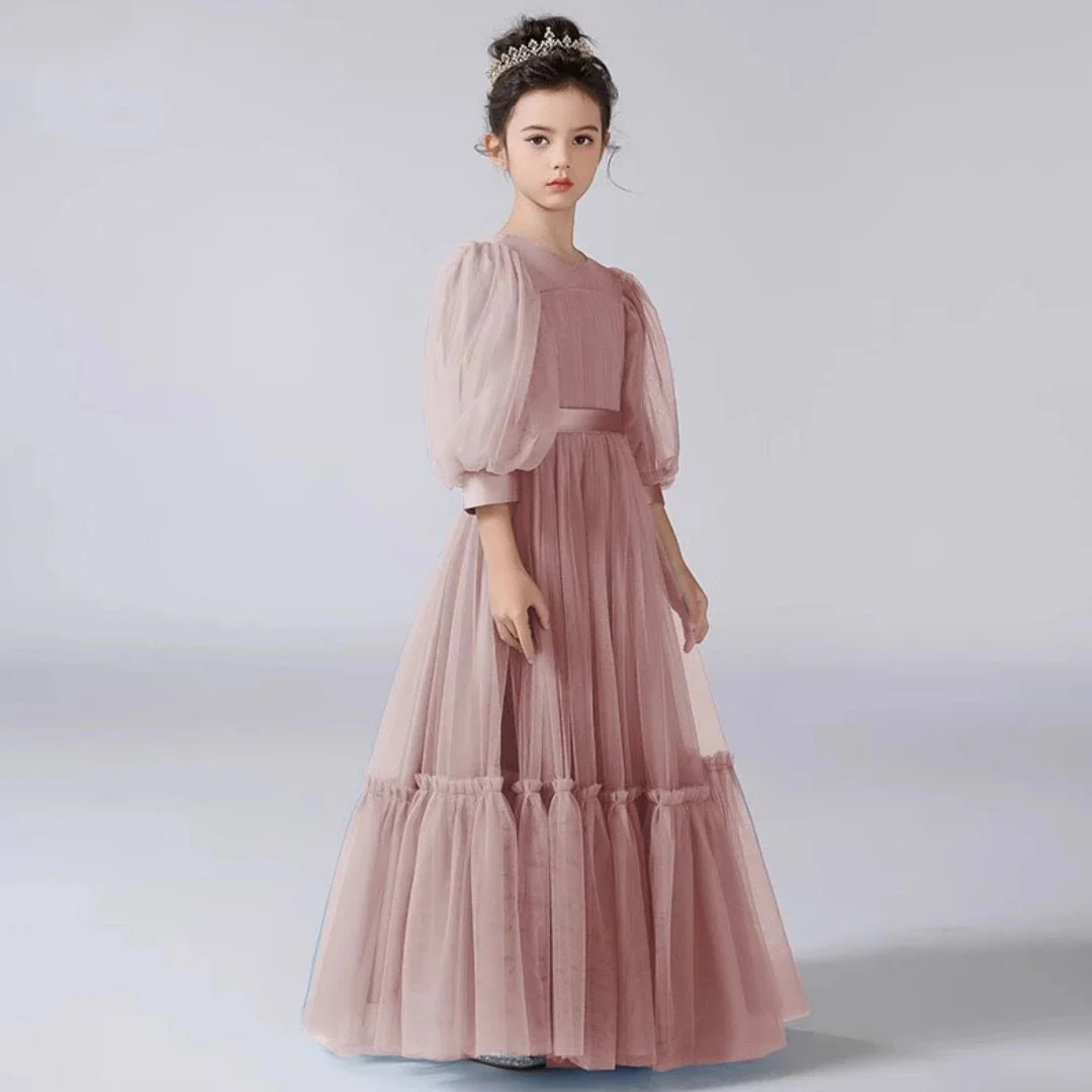 فستان فتاة الزهور لحفلات الزفاف من التول المتدرج وحزام على شكل فيونكة بطول الأرض فستان الأميرة لحفلات أعياد الميلاد وحفلات التواصل الأول مخصصة