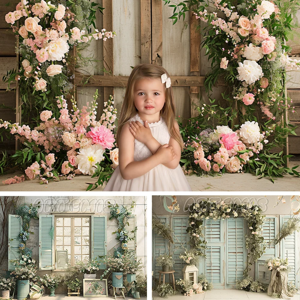 Spring Photography Backdrop Vintage Floral Decor Shutter Photo Props Azure Countryside Pastoral Birthday Background Photo Studio