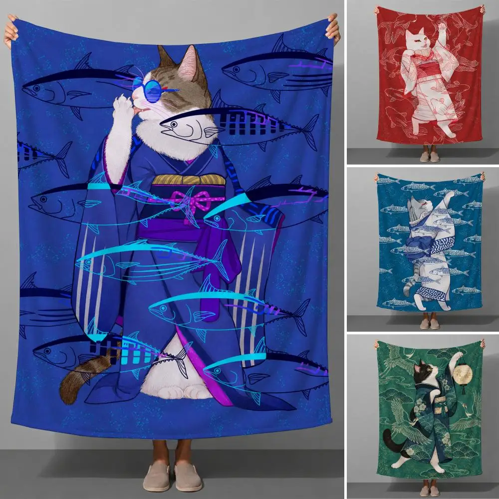 Art Japanese Kimono Cats Ukiyo e Throw Soft Flannel Throw Blanket for Couch Bed Sofa Warm Cozy Lightweight All Season