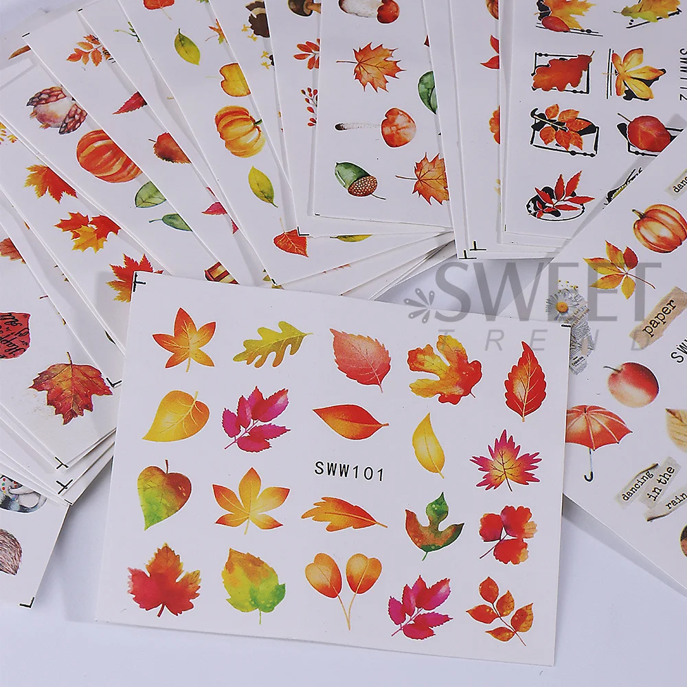24 szt. Jesienne naklejki na paznokcie z motywem liści klonu, naklejki transferowe, geometryczne liście, grzyby, indyki, dynie, wzory z wiewiórką, dekoracje do manicure