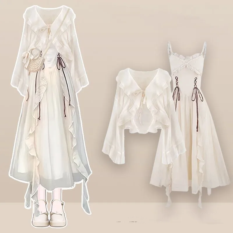 2026 Dames Lente/Zomer Nieuwe Mode In Jurk Bijpassende Set Koreaanse Elegante Zonnebrandcrème Shirt + Sexy Sling Rok tweedelig Pak