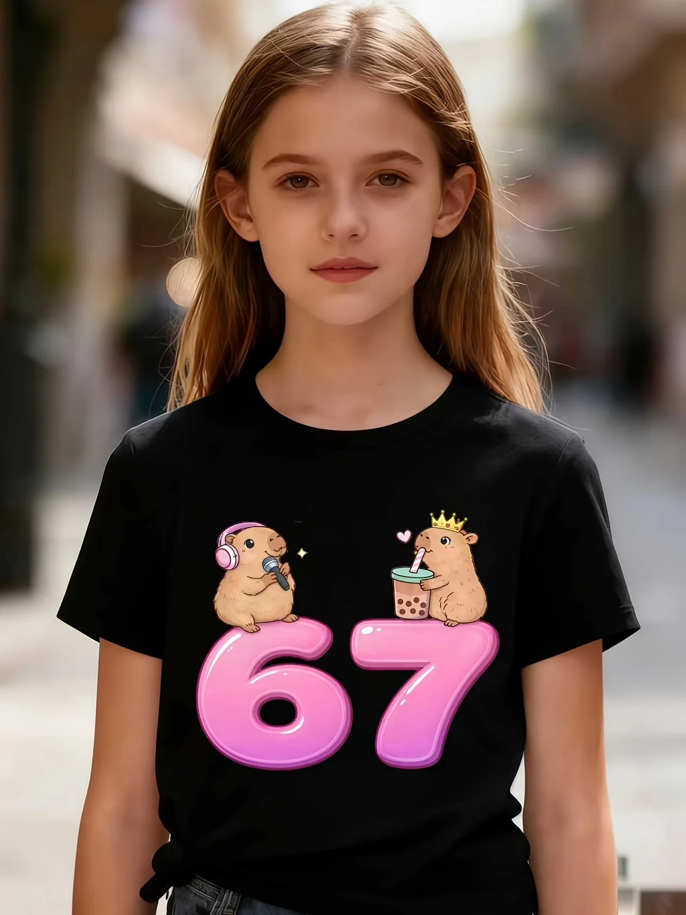Number 67 Capybara Music Cartoon Print Boys Girls Family Matching Tee Soft Kids Parent Short Sleeve Daily Casual Comfort T Shirt