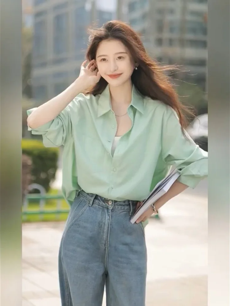 

Мятно-зеленая женская повседневная рубашка для весны и лета, защита от солнца, многослойная верхняя одежда, осенне-зимняя базовая рубашка J