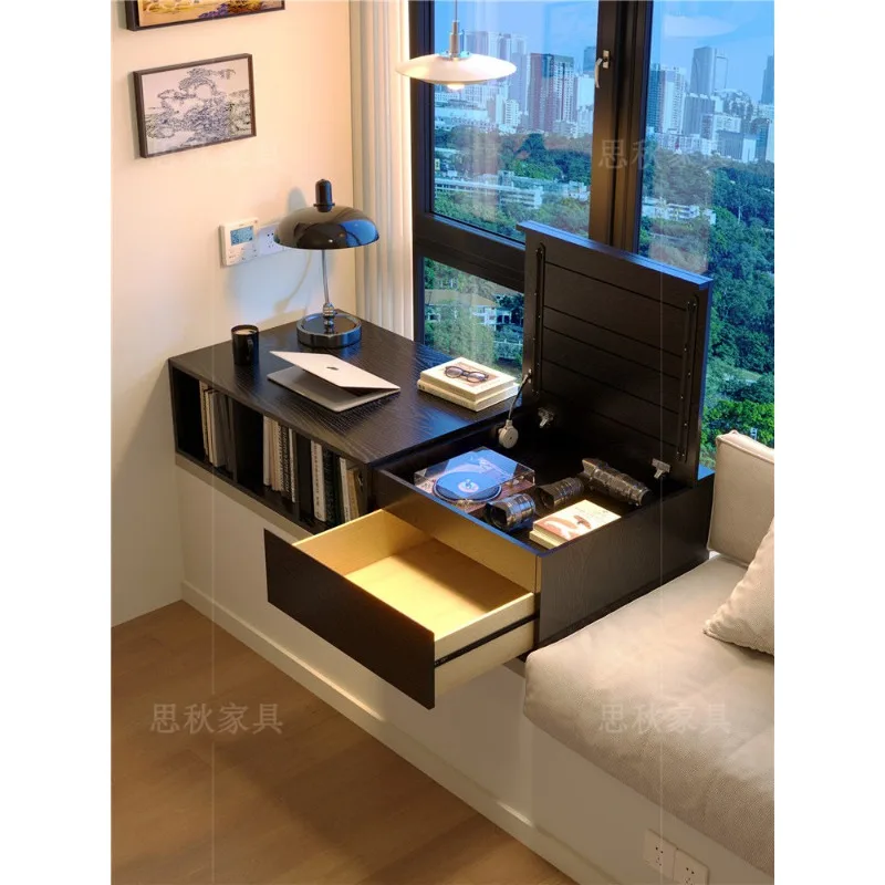 Solid wood bay window desk with drawer storage cabinet integrated black computer desk bedroom home window sill writing desk