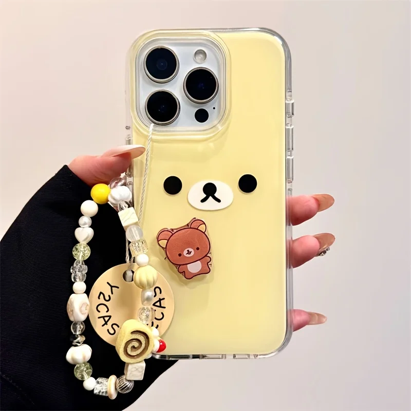 

Прозрачный чехол для телефона с милым медвежьим выражением для iPhone 14, 15, 16 Pro Max, противоударный защитный чехол с вращающейся подставкой и цепочкой