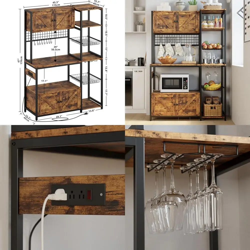 

Винтажный коричневый шкаф для кофе-бара в индустриальном стиле с 2 шкафами, подставкой для микроволновой печи 45,3 и розеткой