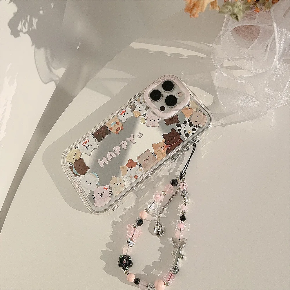 Electroplated Mirror Cute Cat Phone Case for iPhone 14 13 11 12 15 Pro Max XS XR XS Max Soft Bumper Silicone with Lanyard