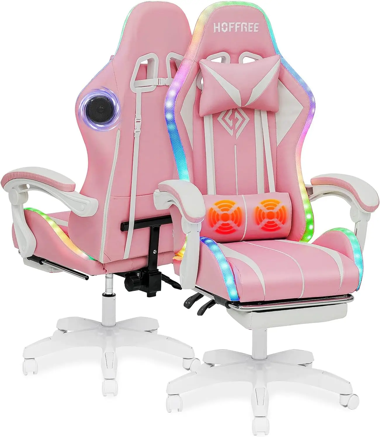 Pink Gaming ChairwithBluetoothSpeakersCute Ergonomic Massage Computer Gaming Chair with Footrest High Back Video Game Chair with