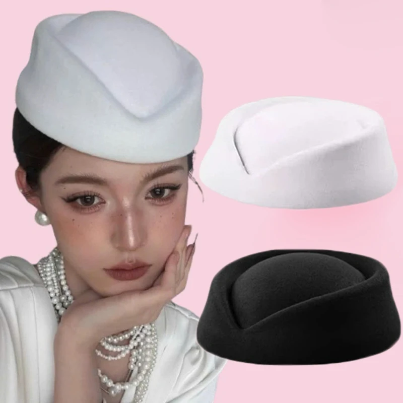 French Woolen Fabric Beret Hat Caps Airline Stewardess Flight Attendant Vintage Hat Flat Top Hat Hair Clip Hair Accessories