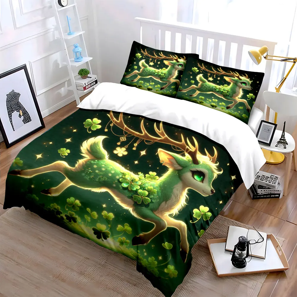 3pcs Green magical deer with clovers Duvet Cover Set with 3D Printing Design Soft Polyester Bedding Set All-Season Comfort