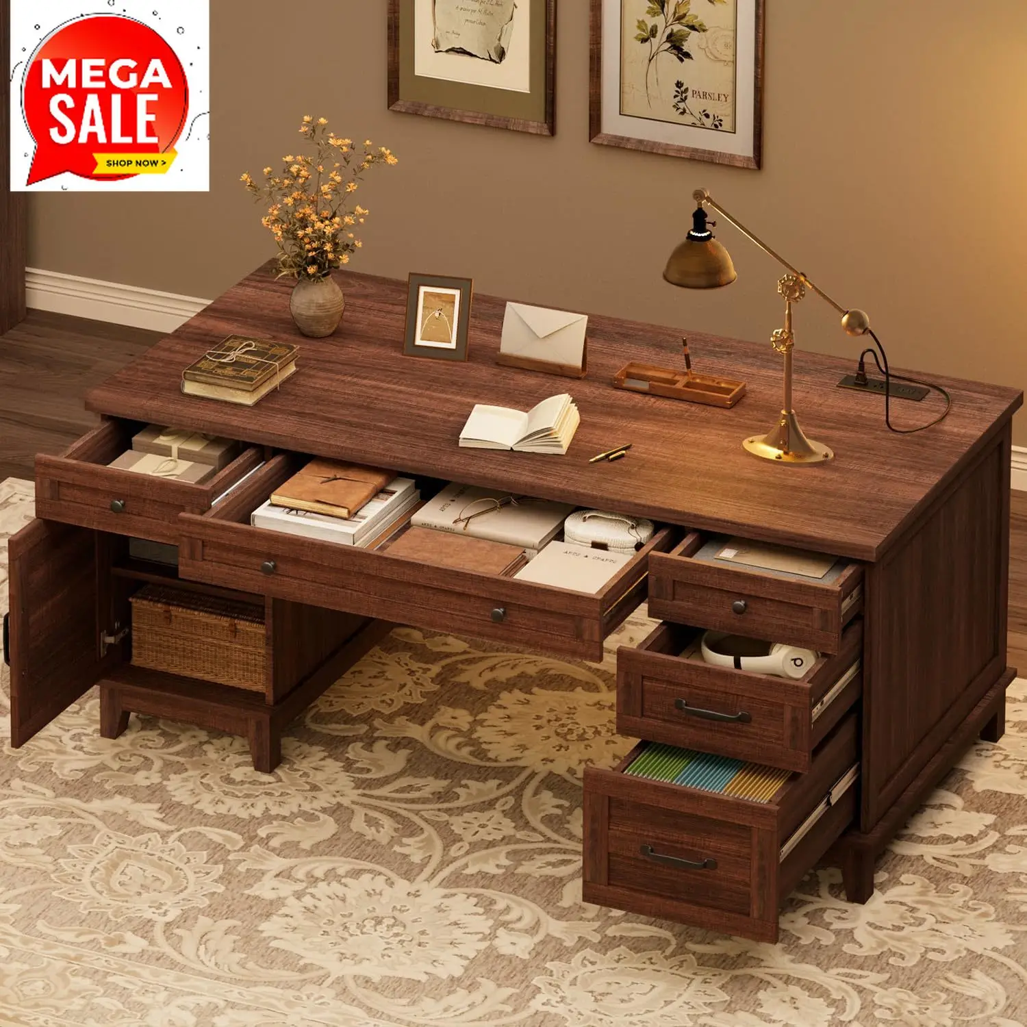 

Компьютерный стол из дерева 60 дюймов с зарядным устройством и тумбой для хранения, в стиле фермерского дома, для домашнего офиса, работы, учебы, письма, коричневый орех, с выдвижными ящиками для документов, представительский