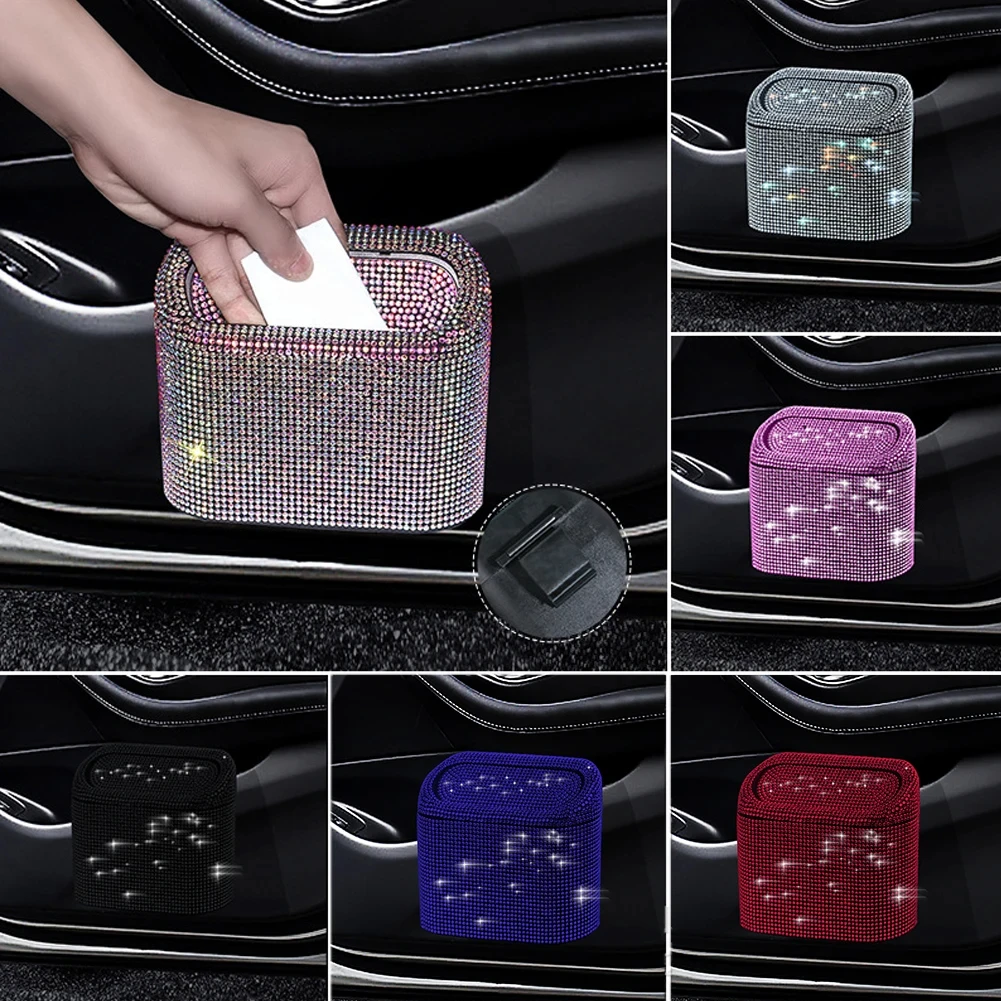 Glitter Trash Can For Car Storage Box Garbage Grabber Bling Rhinestone Door Trash Bin Auto Supplies Car Interior Accessories