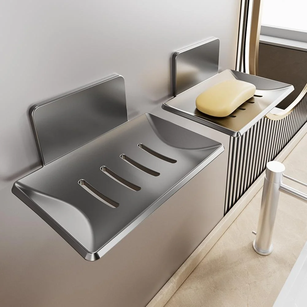 Wall Mount Soap Dish Holder with Drainage Slot System Removable Tray Aluminum Alloy Frame No Drill Peel and Setup