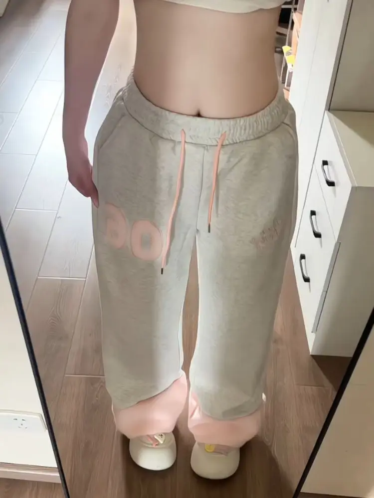 

Sweet Style Plush Contrast Spliced Sweatpants Women 2025 New Drawstring Elastic Waist Design Sports Pants Korea Chic Long Pants