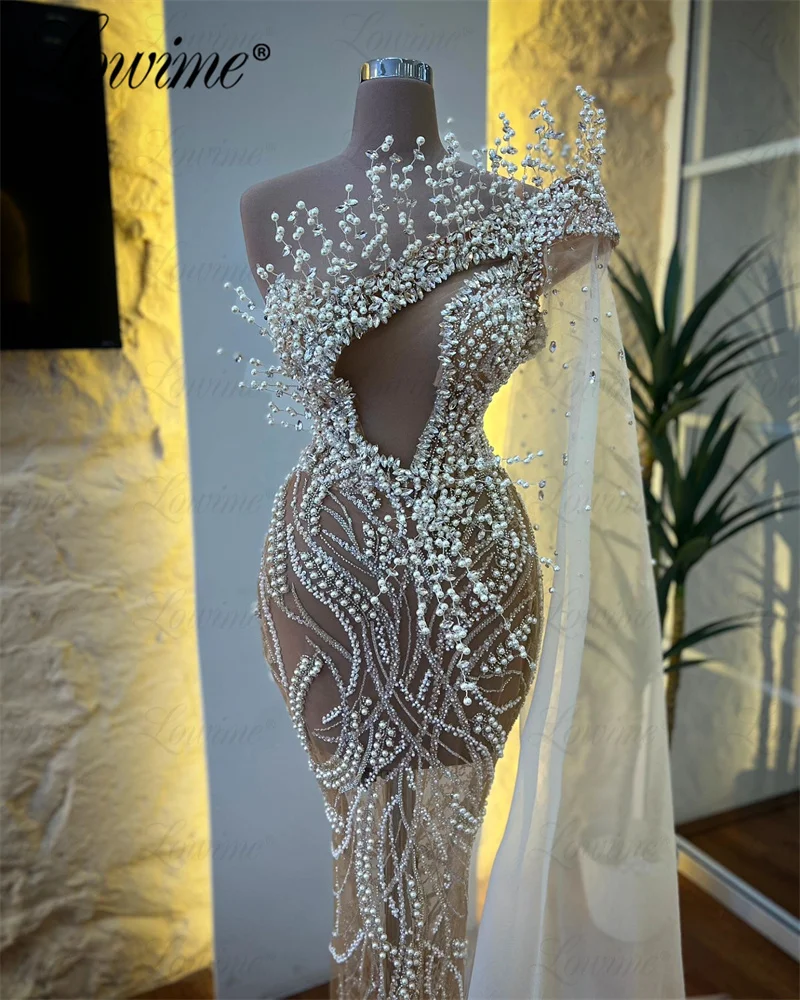 Arabic Cape Sleeve Champagne Evening Dress Beaded Crystal Mermaid Wedding Party Dress See Through Sexy Prom Gowns Robe De Soiree