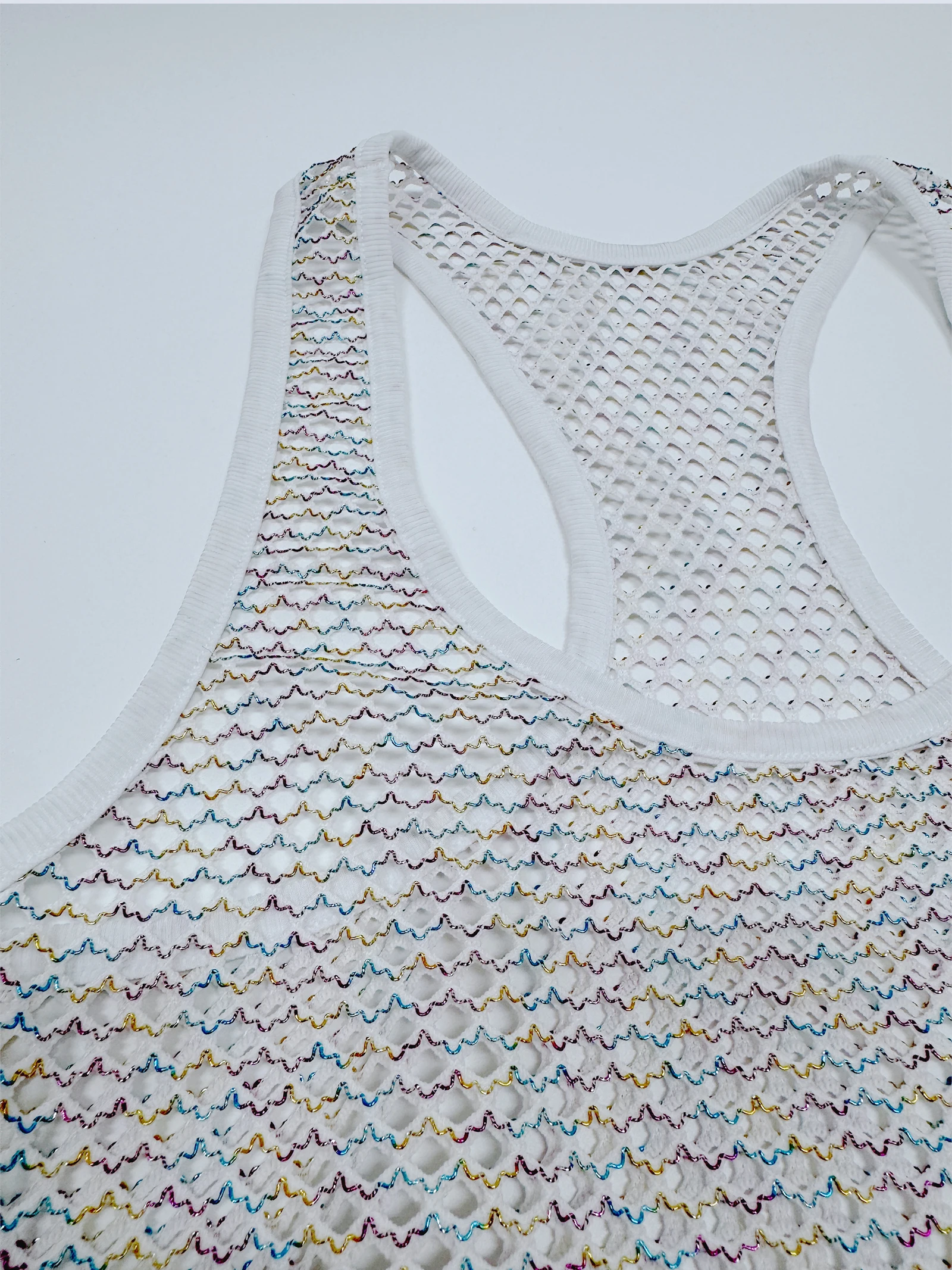 Sommer Herren Casual Mesh Netz Tanktop Racerback Ärmelloses Shirt Muskel-Sportweste Bunte Linien Glänzend Transparent Party Alltagskleidung – Detail 27