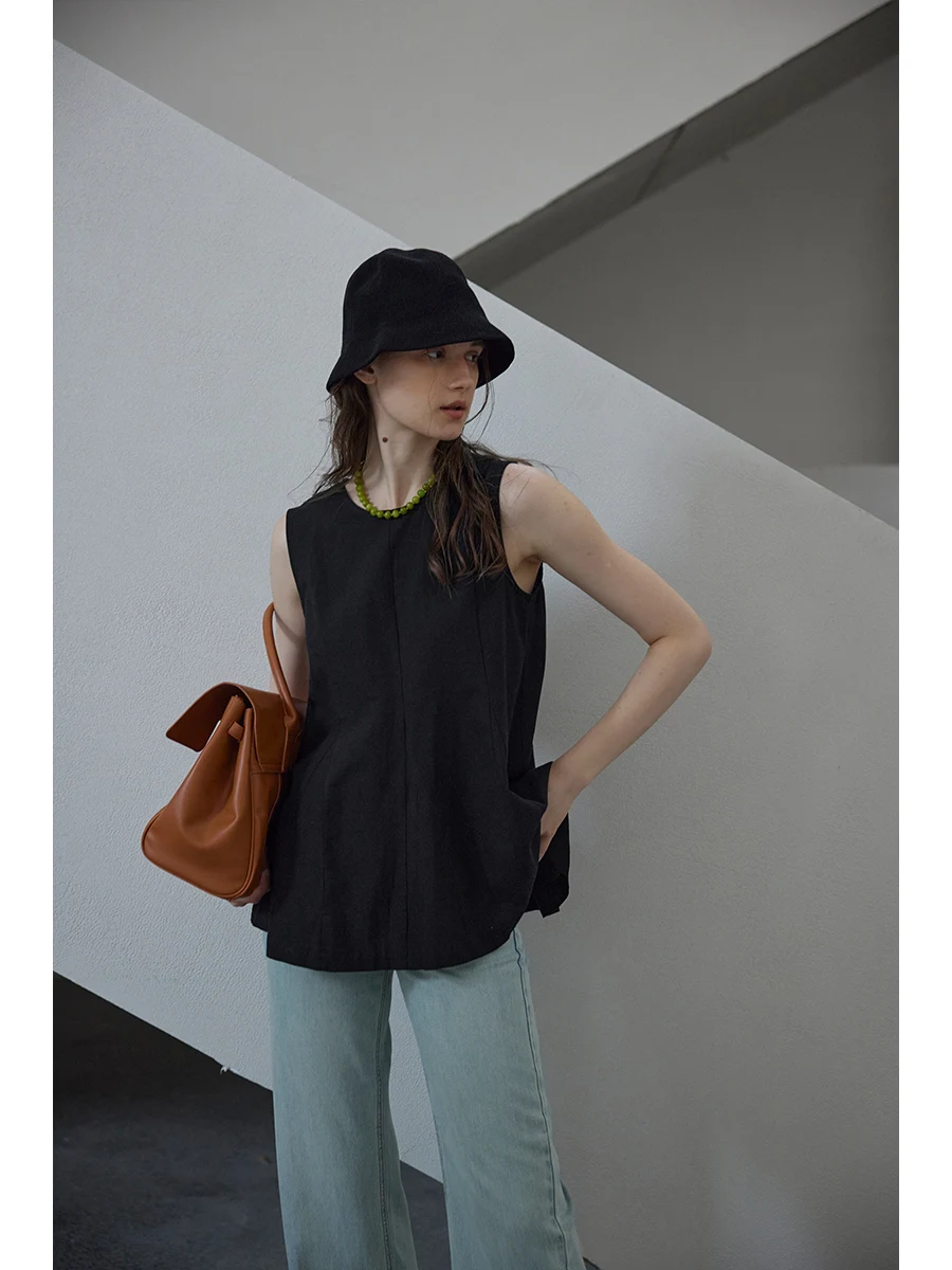 Cotton Linen irt Waist Cinched round Ne Svel Unique Top Women's Original Design Loose Fit Pure Color Summer New Arr...