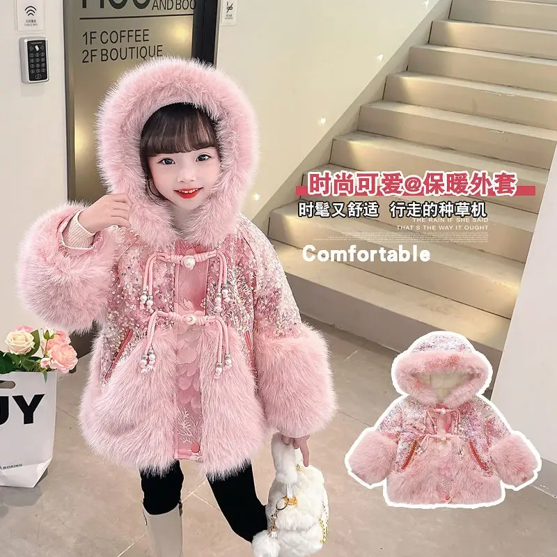 Winter Warm Jackets New Year Cotton Coats Cute Girls Jackets Baby Plus Velvet Thick  Kids Hooded Outerwear Children Shiny Coat