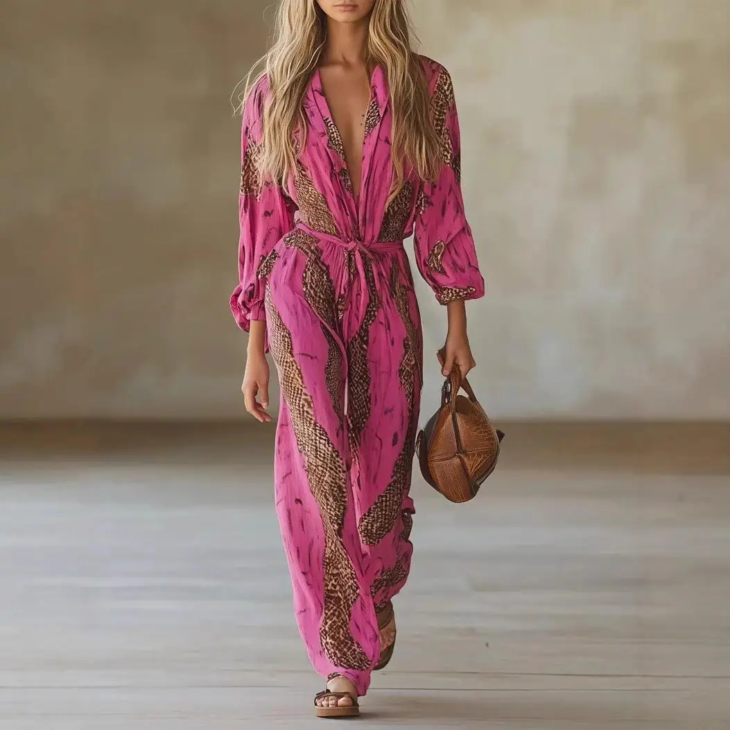 

New 2025 Women's Long Sve Digital Print Casual Jumpsuit Pants Autumn Winter Sle High Waist Long Leggings One-Piece Suit