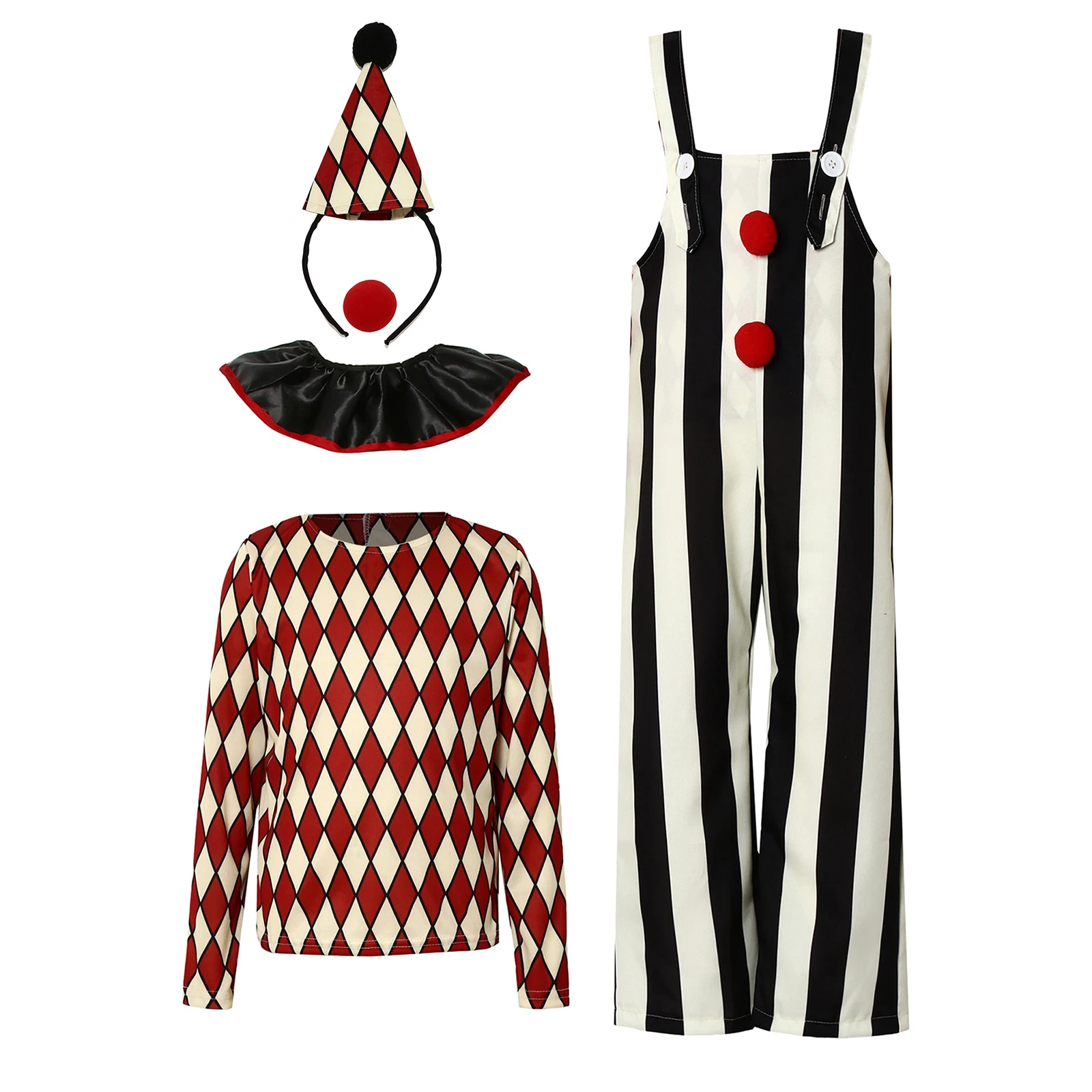 Children Red Black Rhombus Clown Role Play Dress Boys Girls Carnival Performance Costumes Halloween Circus Dress Up Clothes
