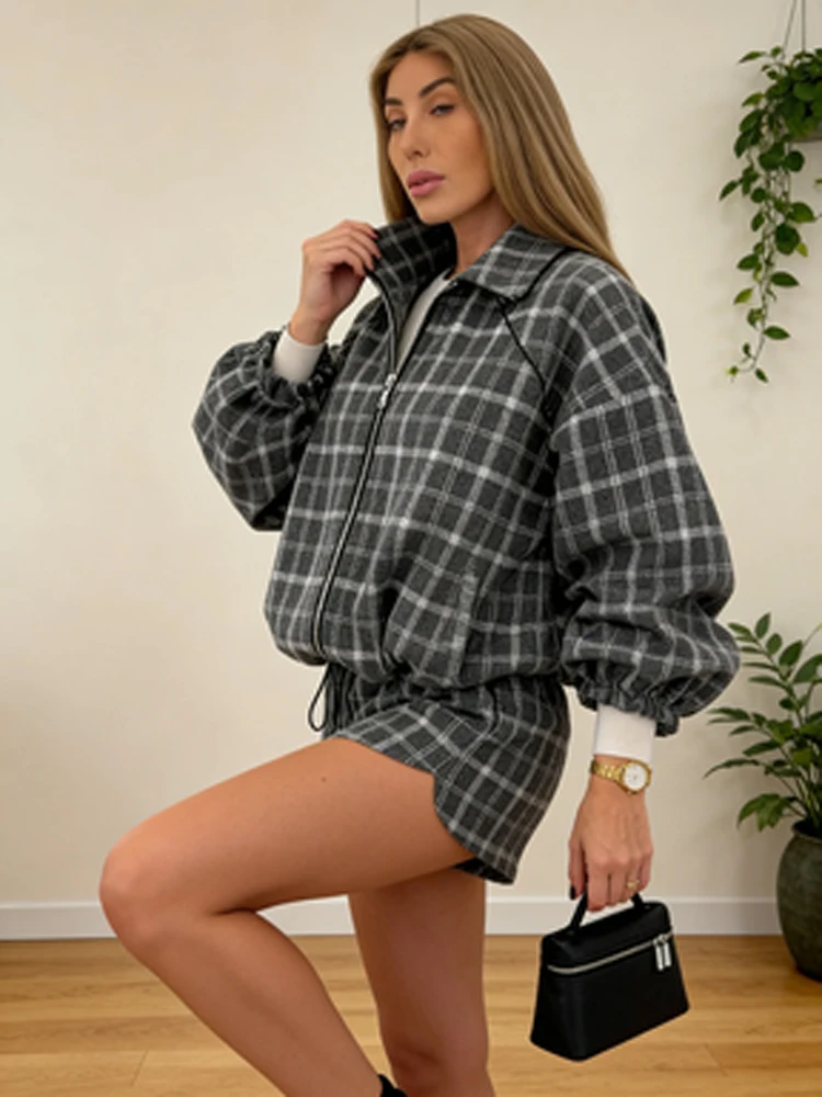 Women Casual Plaid Shorts Sets Fashion Lapel Long-sleeved Zipper Jacket Short Pants Sets 2026 New Spring Daily Street Outfits