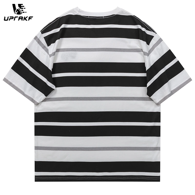 UPRAKF Striped T Shirt Cotton Casual Hip Hop Streetwear Summer Short Sleeve Harajuku American Retro Loose Tees Color Contrast