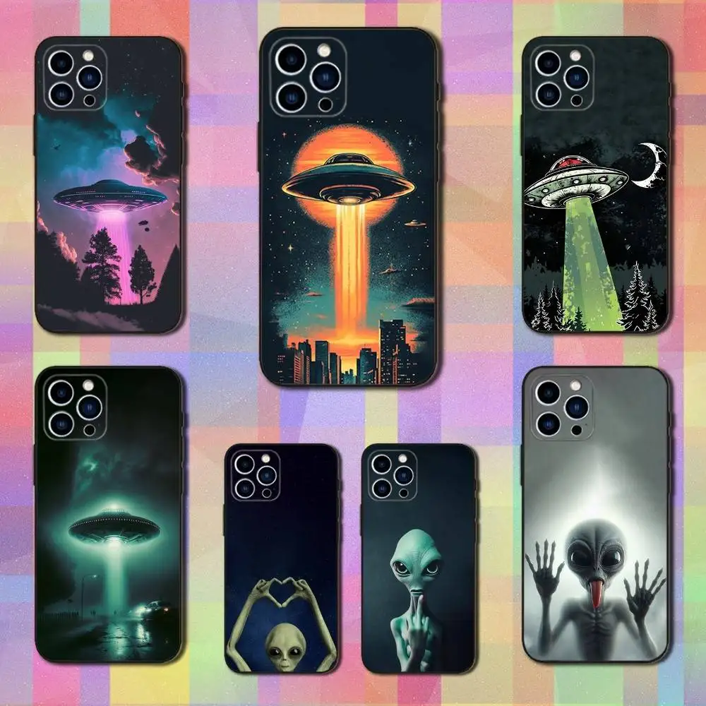 

Space Art UFO Alien Thing Phone Case For iPhone 16,15,14,17,13,12,11 Plus,Pro Max,XS,X,XR,SE,Mini,8,7,Soft Silicone Black Cover