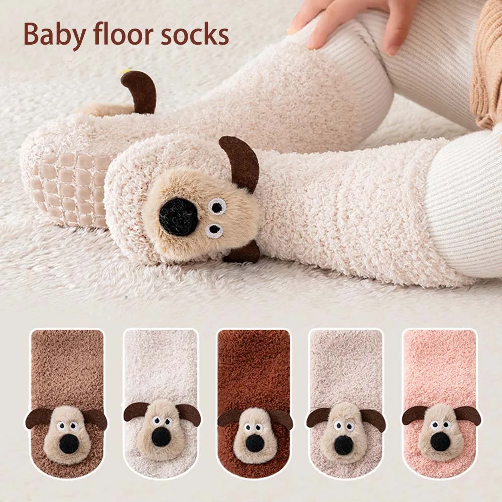 

Зимние и осенние противоскользящие носки для новорожденных с героями мультфильмов для детей 1-3 лет, плюшевые носки с рисунком собаки