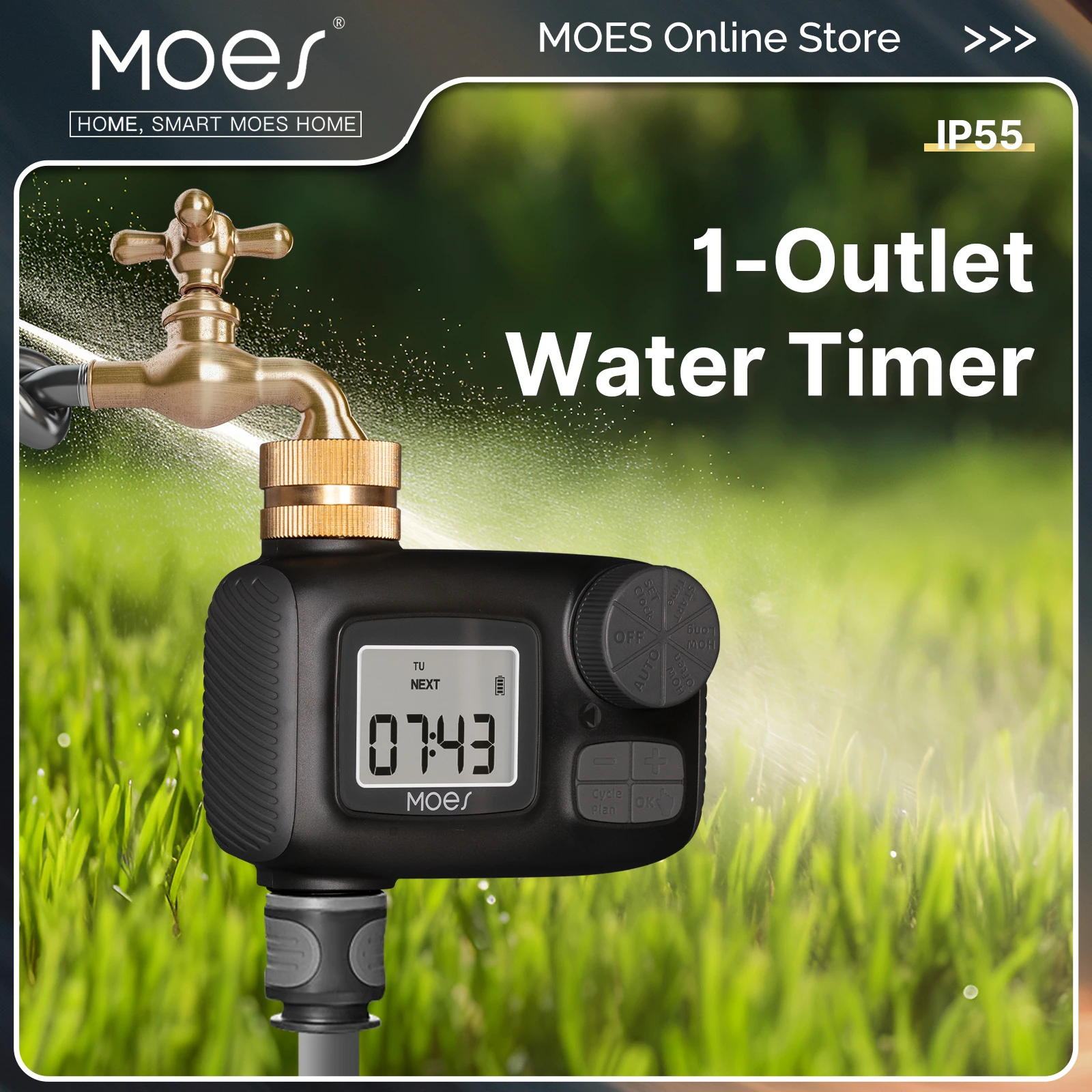 MOES Water Timer 1-Outlet IP55 Waterproof Brass Inlet Rotary Knob Button Control With LCD Display Screen Rain Delay Child Lock