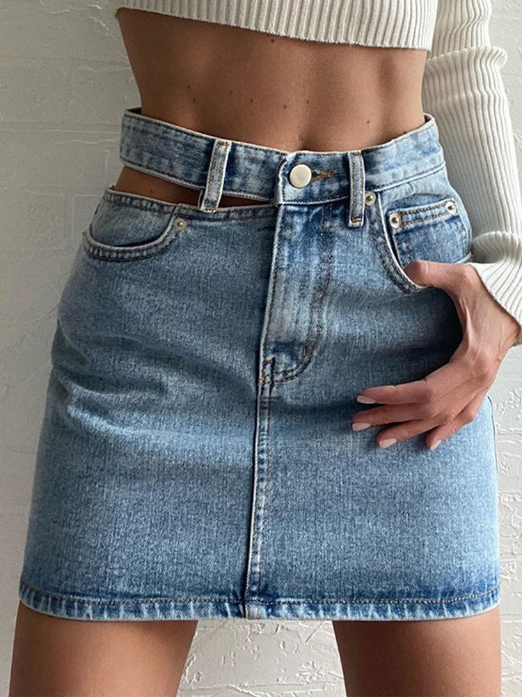 Woman High Waist Hollow Washed Denim Summer Skirt Asymmetric Button Mini Skirt Ladies Fashionable Streetwear Short Skirts 2021