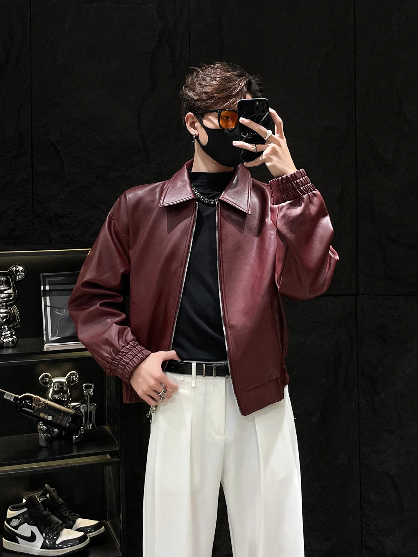 

Ретро крутая кожаная куртка для мужчин, свободная посадка для мотоцикла, застежка-молния, чистый цвет, молодежная верхняя одежда из искусственной кожи