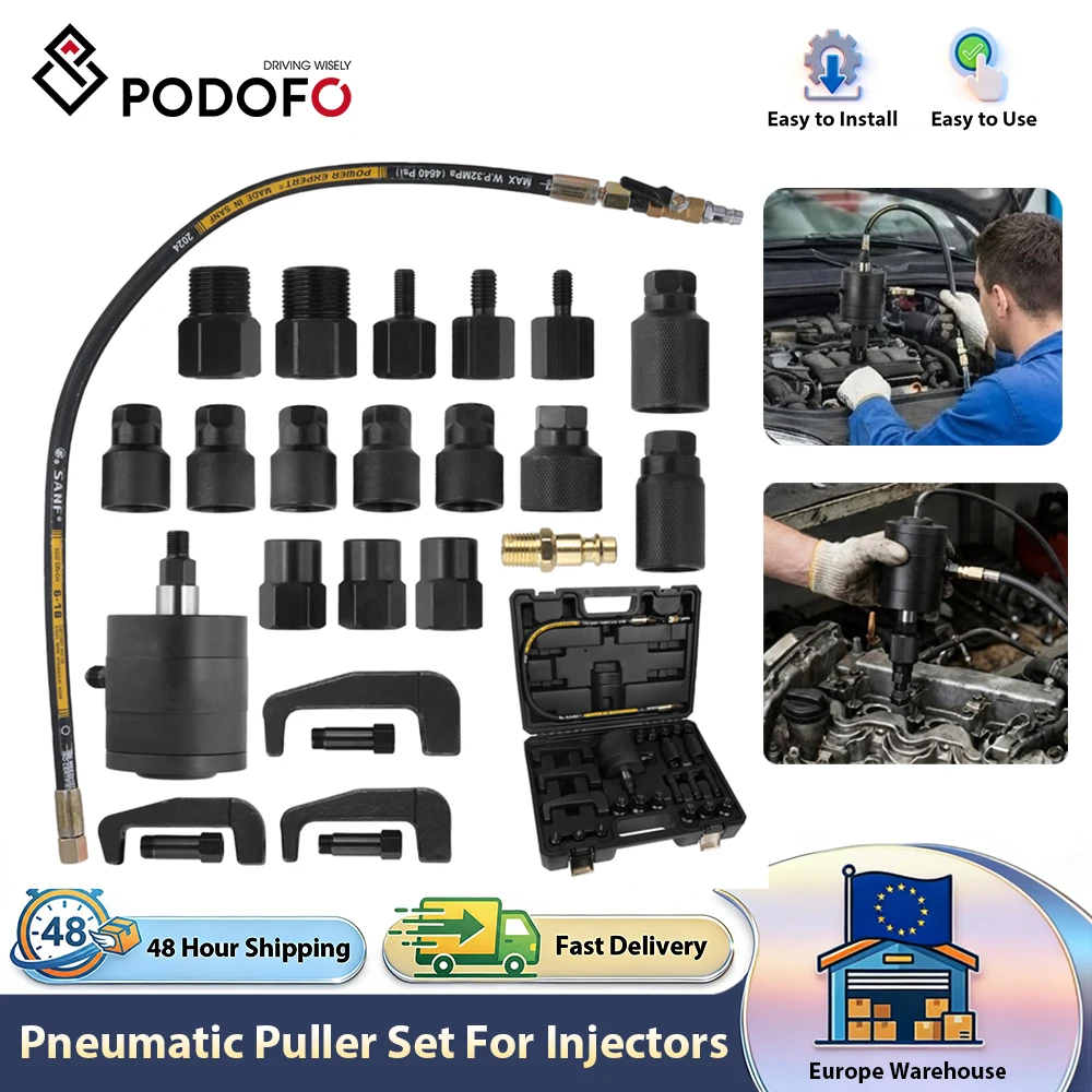 Kit d'extraction d'injecteurs diesel pneumatiques Podofo 24 pièces, outil de démontage avec adaptateurs multi-tailles 5-8 bars pour injecteurs bloqués, outil de réparation