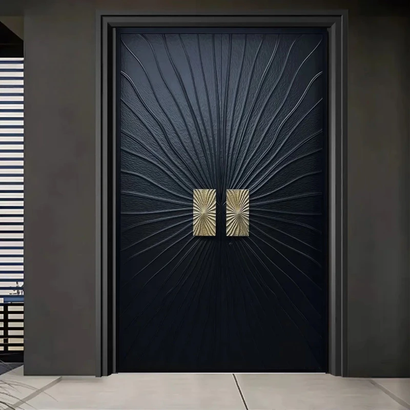 The door of the carved cast aluminum villa is double-opened for entry, simple glass door and wood grain folio for entry.