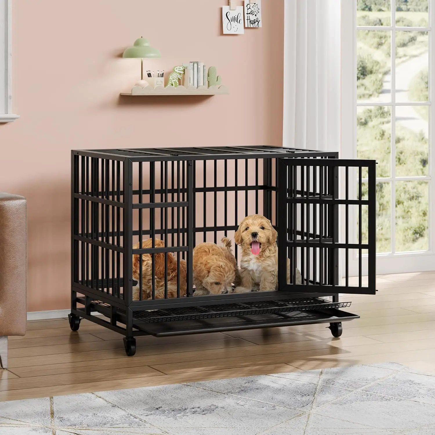 38 Inch Heavy Duty Indestructible Dog Crate, Escape Proof Dog Cage Kennel with Lockable Wheels