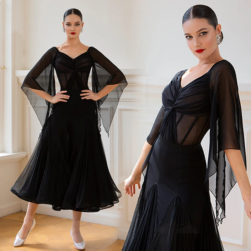 

Women Ballroom Dance Dress Standard Black Modern Dancing Performance Outfit Waltz Practice Wear Ballroom Training Skirt AMY168