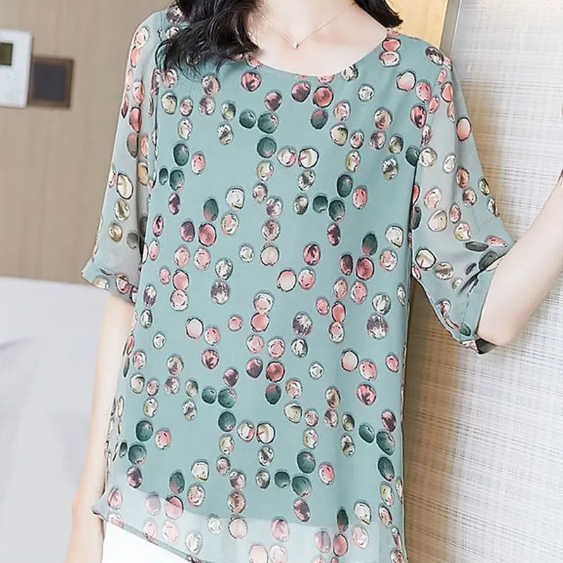 Office Lady Polka Dot Printed Chiffon Blouse Summer Stylish Elegant Round Neck Loose Female Korean Spliced Half Sleeve Shirt New