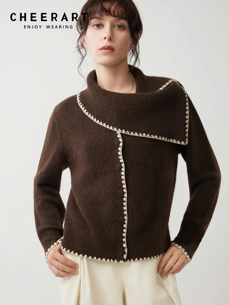 

CHEERART Brown Designer Sweater For Woman Pullovers Long Sleeve Tops Knitwears Fashion Winter 2025 Woman