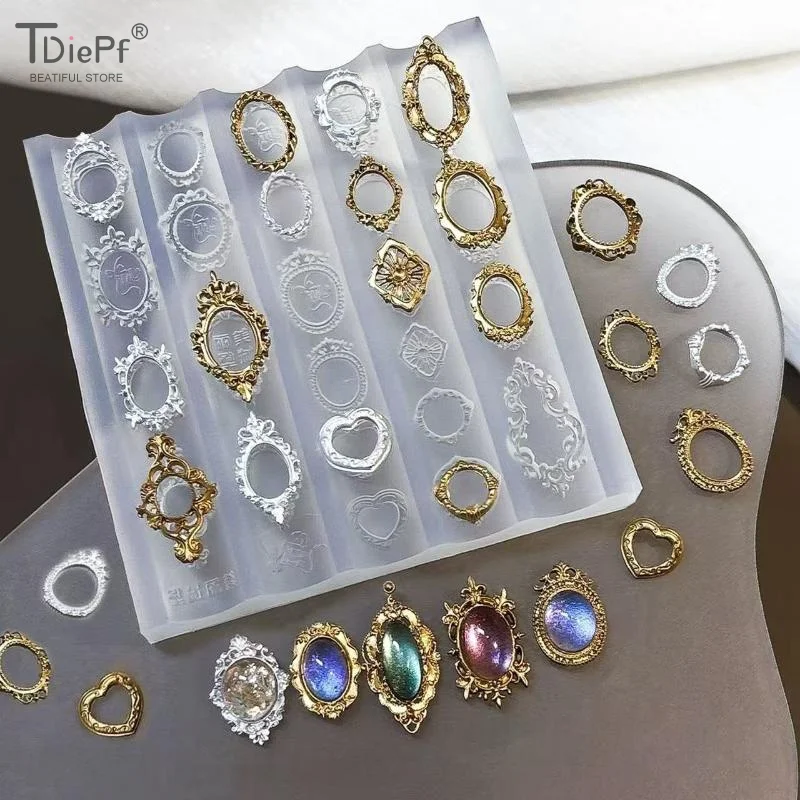 Retro Picture Frame Gem Baroque Shell Carving 3D Relief Manicure Templates Nail Art Transparent Silicone Nail Mold