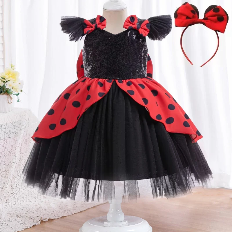 New foreign qi and cute ladybug dressed wave dot big bow girl birthday party dress 0-5 year old baby Halloween clothing