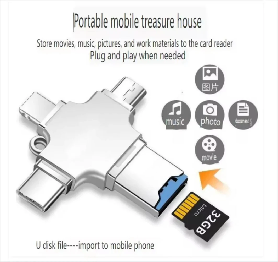 4 In 1 Memory Micro SD Card Reader For iPhone iPad Android Mac PC Camera Type-C Lighting USB C Android Reader Portable Reader