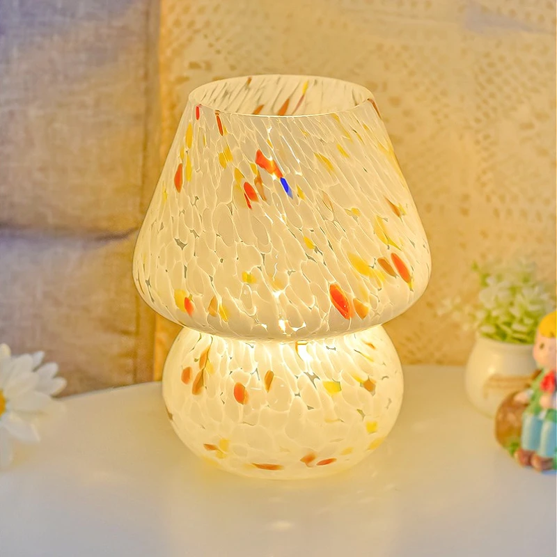 

Colorful Dotted Glass Mushroom Table Lamp, 3 Color Dimmable Bedside Night Light, Study Room Computer Desk Decor Ambient Lighting