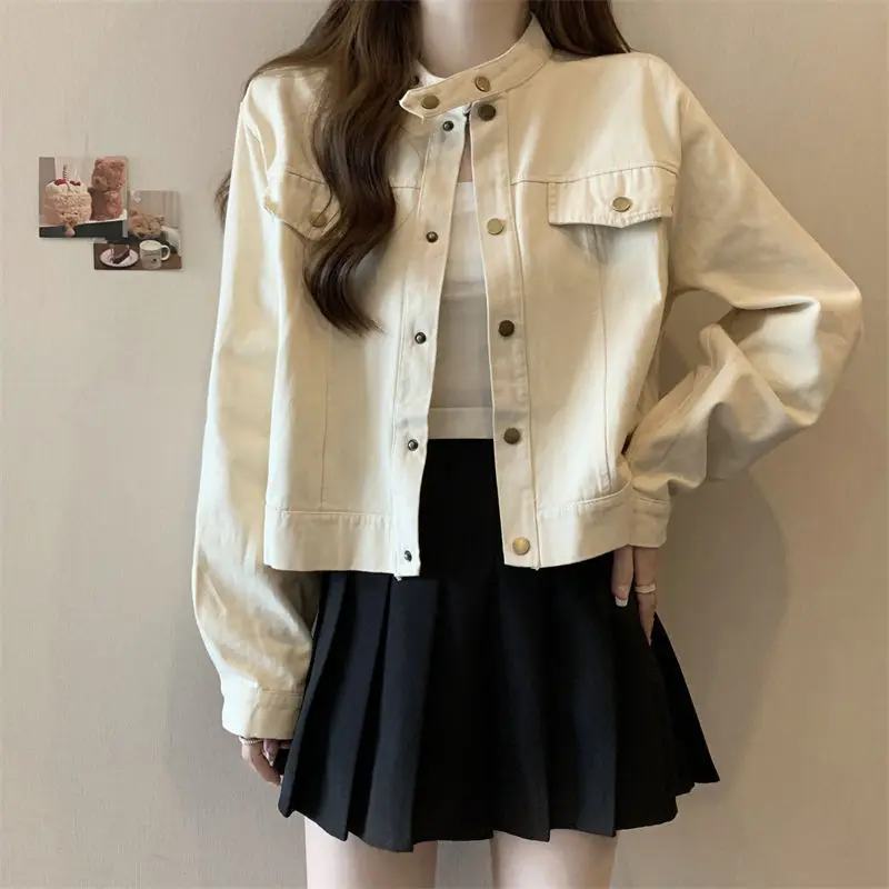 Women's Long Sleeved Stand Up Collar Coffee Colored Jacket Women's Autumn New Style Loose Short Style Retro Jacket Trend