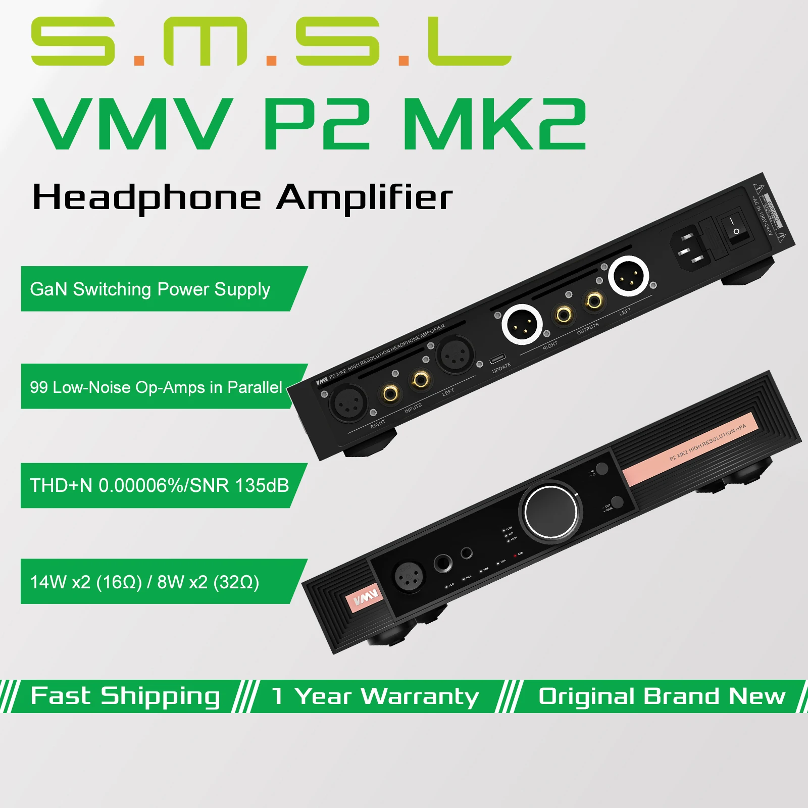 SMSL VMV P2 MK2 Hi-Res Headphone Amplifier GaN Switching Power Supply 3-Step Gain Control 14W/16Ω 4.4mm 6.35mm Headphone Output