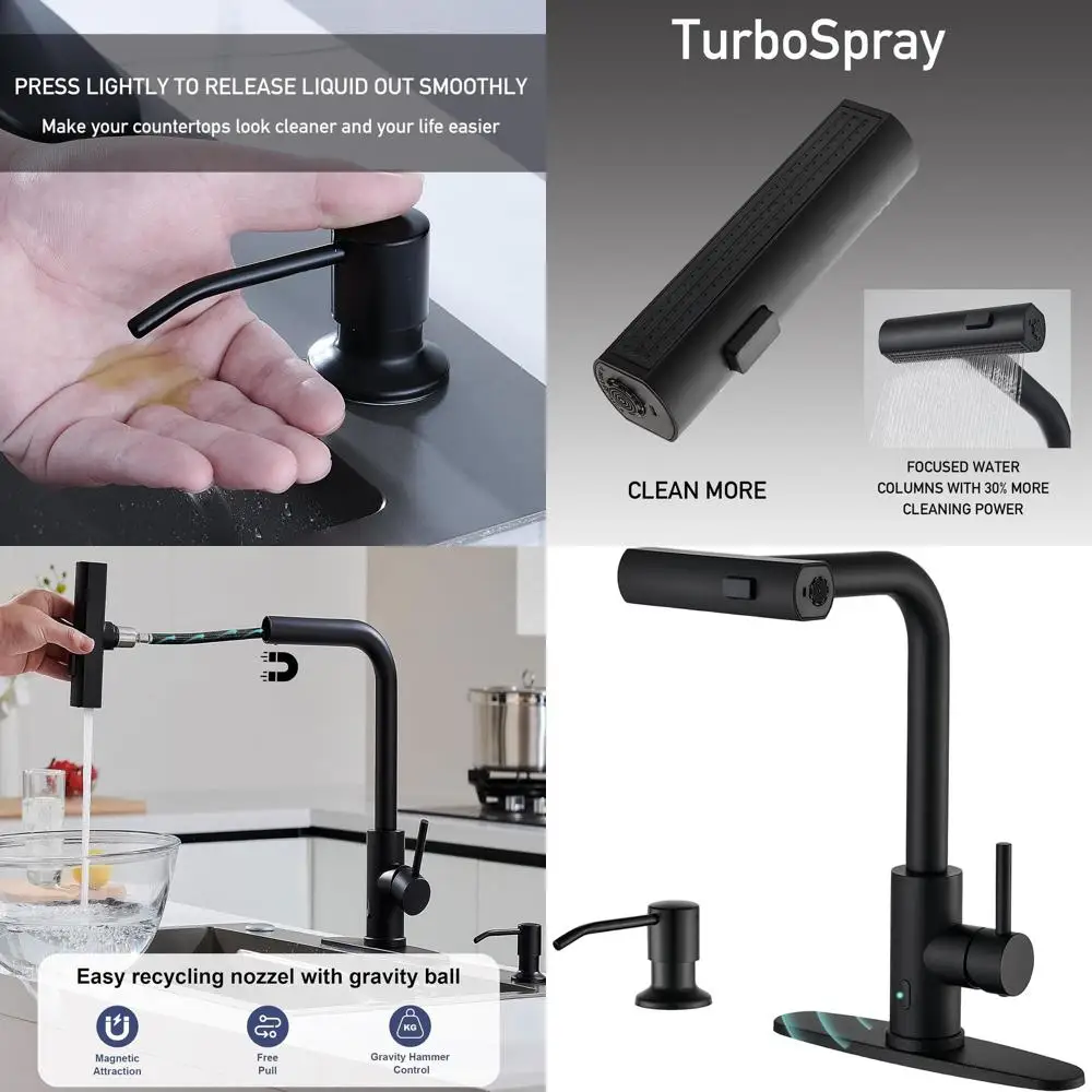 

Touchless Matte Black Kitchen Faucet with Pull-Down Spray & Soap Dispenser, Single Hole Waterfall Design, Ideal for Farmhouse, C