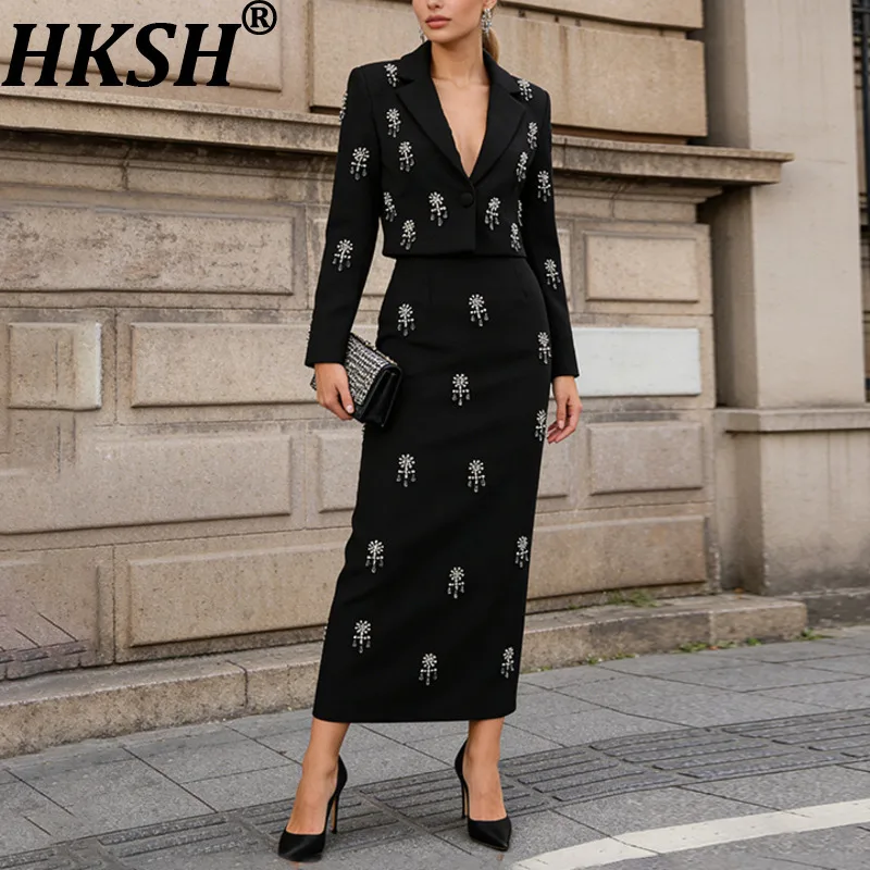 HKSH 2026 Spring New Women Luxury Two-piece Set Notched Collar Single Button Short Coat Studded Diamonds Slim Fit Skirts HK18443