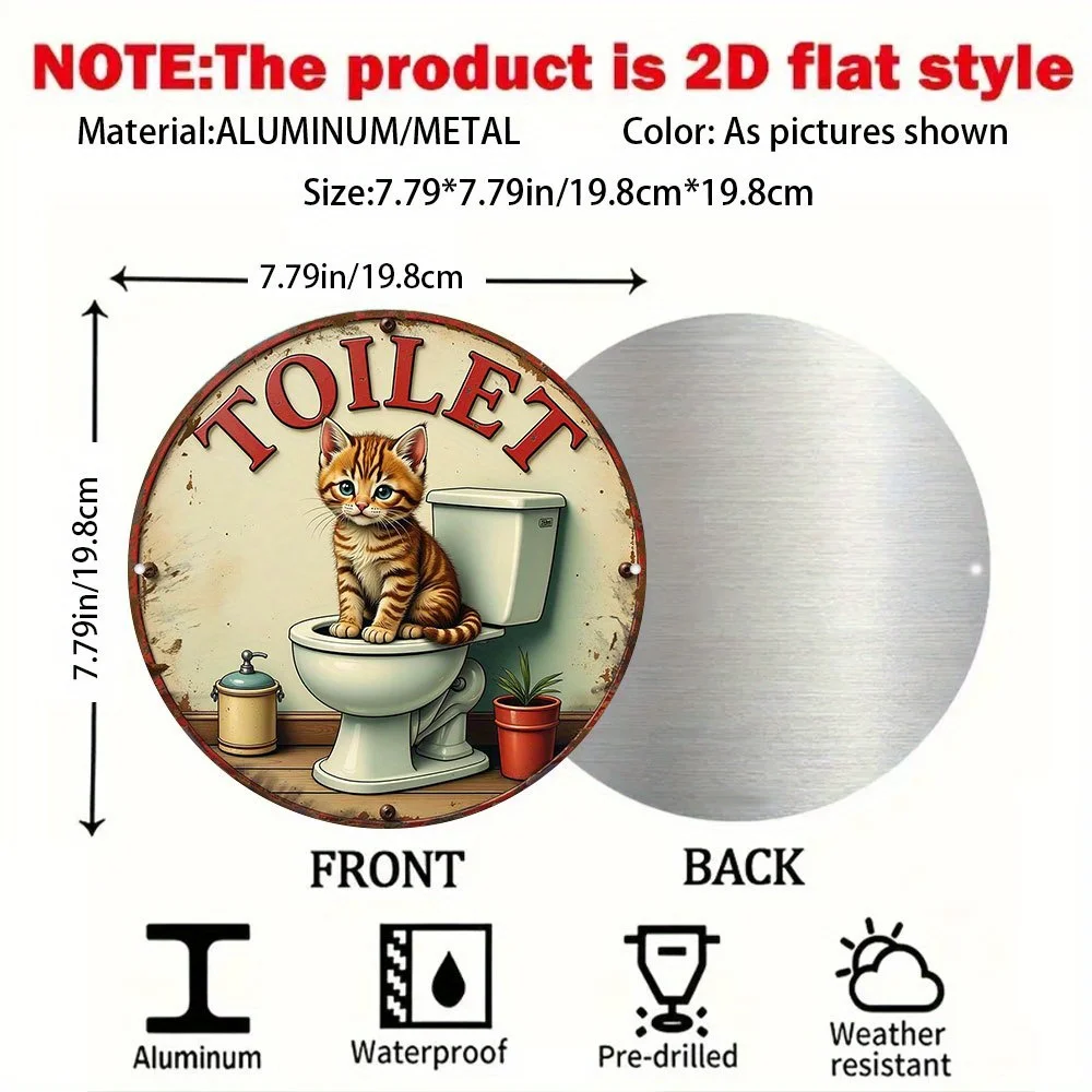 2D Flat "Cat Toilet Sign" |Cute Pet Etiquette Poster with Paw Print & Sandbox Illustration,Fun Wall Art Round Decorative Plaque