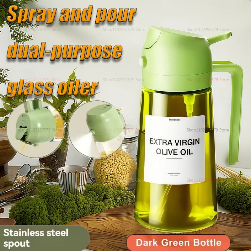 Dispensador y pulverizador de aceite de vidrio 2 en 1, botella de aceite de oliva a prueba de fugas de 16 oz para cocinar, freidora de aire, barbacoa, cocina y uso de proveedores
