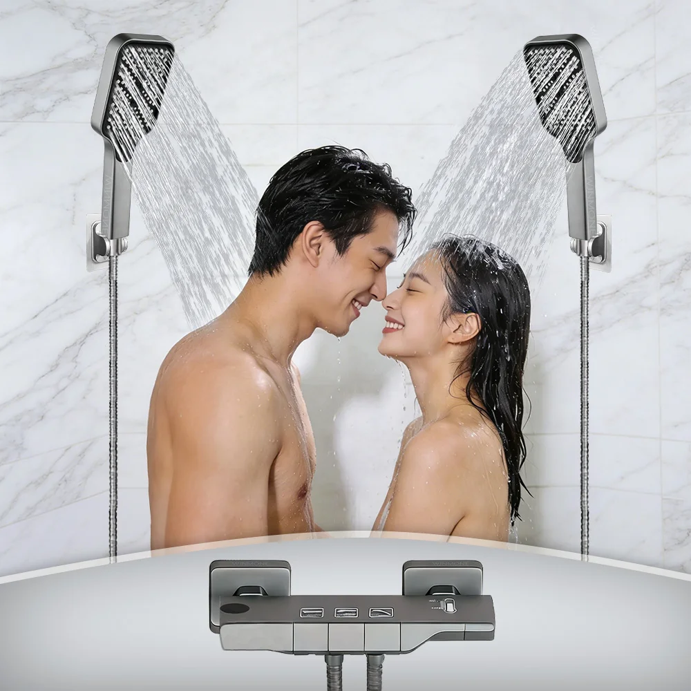 

Bathroom Double Shower Head Set for Couples Adjustable Rainfall Handheld Showers Wall Mounted Bathtub Mixer Faucet Shower System