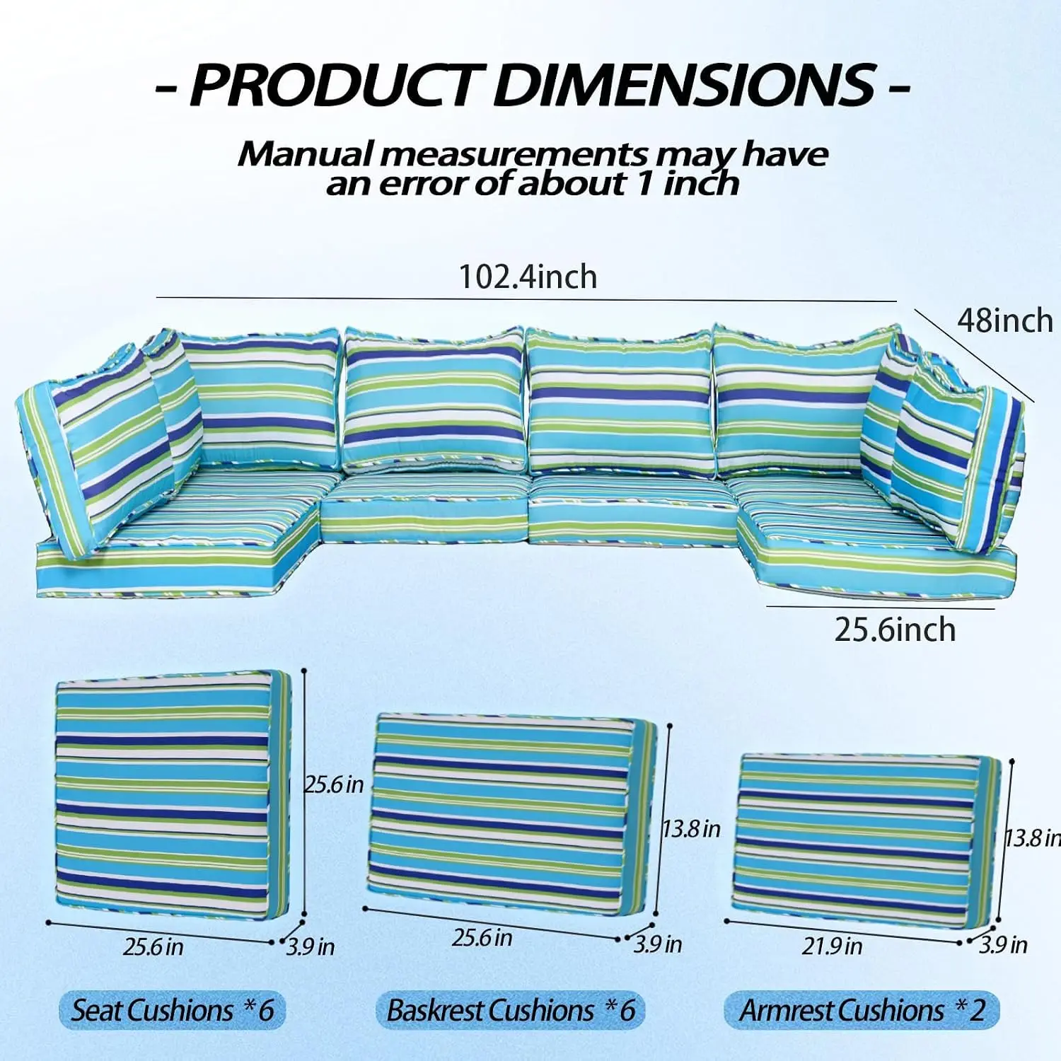 Water-Resistant Outdoor Cushions 14-Piece Sectional Sofa Replacement For 6-Seat Rattan Wicker Patio Conversation Set, Customized